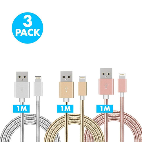 AussieSuperStore Homeware Supplies Durable Flexible Stainless Steel USB Lightning 8 Pin iPhone Charger 3 Pcs Durable Flexible Stainless Steel USB Lightning 8 Pin iPhone Charger CBMEAPPCBLRX3